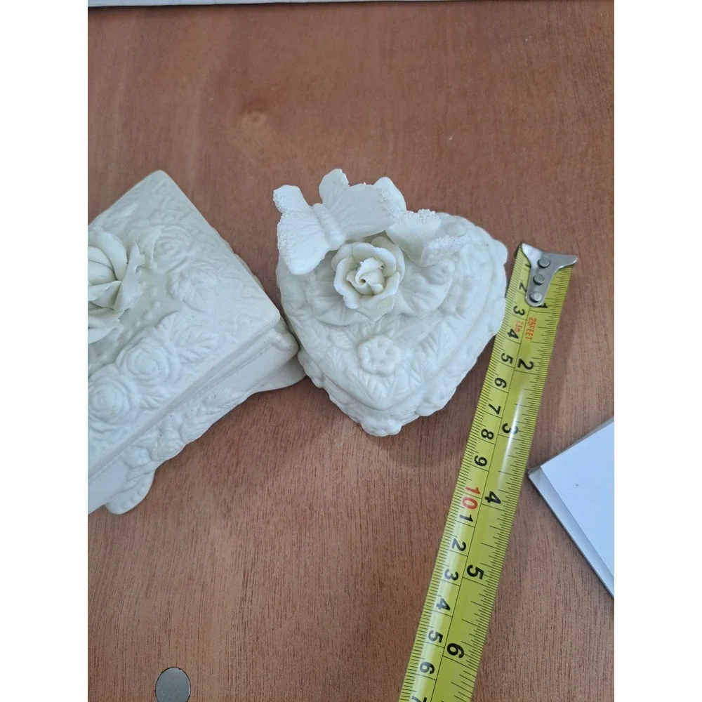 Vtg Ivory / White Porcelain Bisque Capodimonte Rose Trinket Box Set